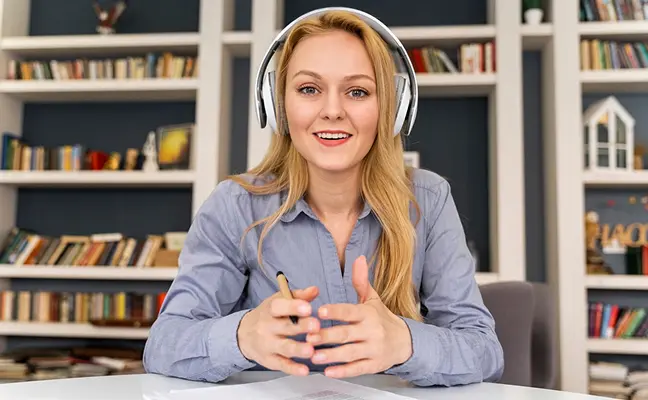 Friendly tutor talking on a video call